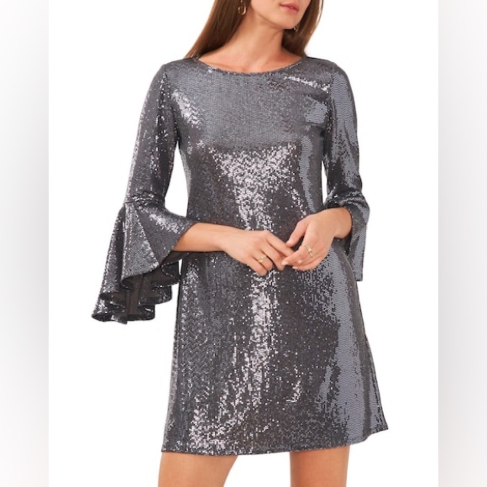 Vince Camuto Women’s Metallic Flounced Sleeve‎ Dress Silver Metallic Shimmer NEW